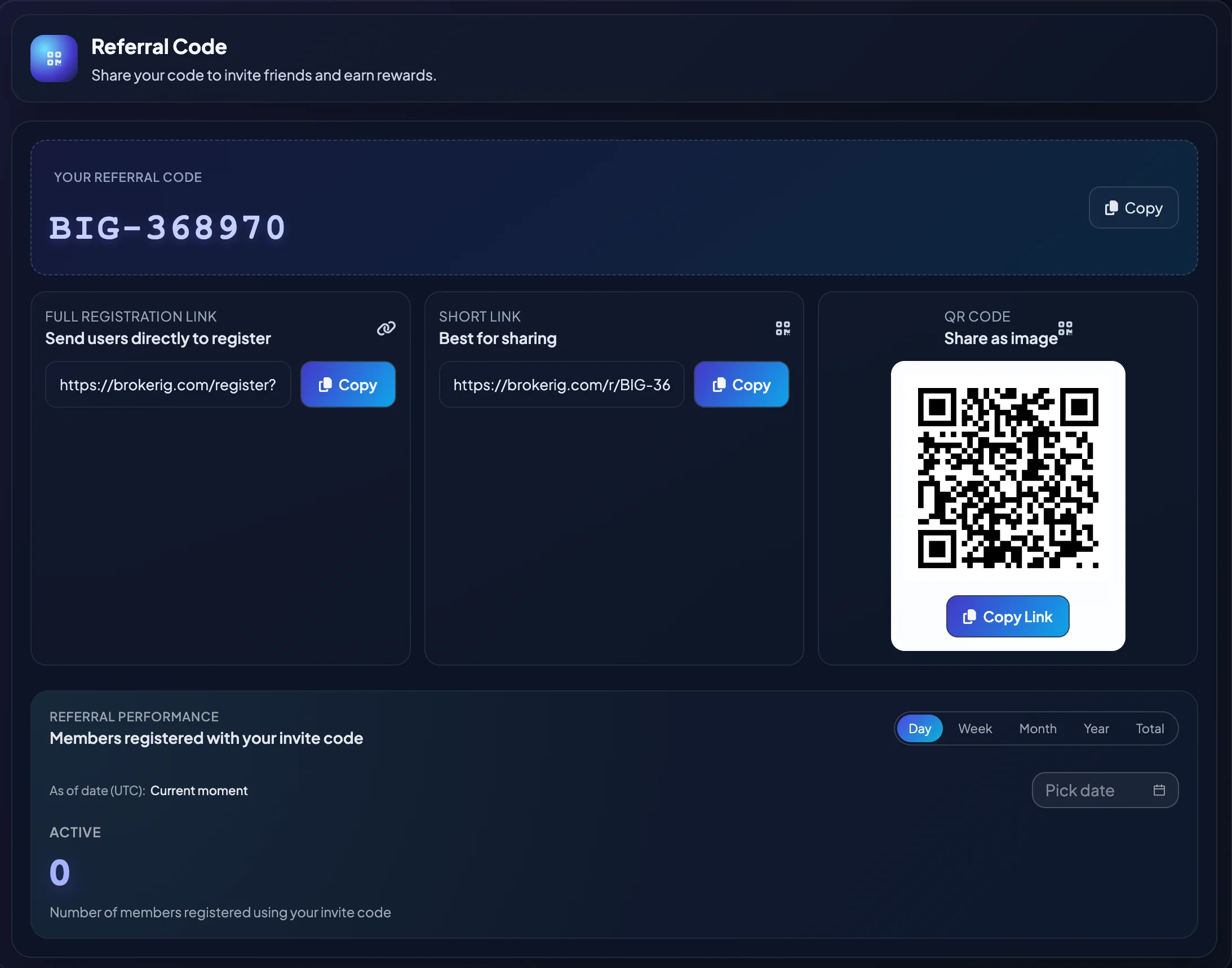 Referral Code screen