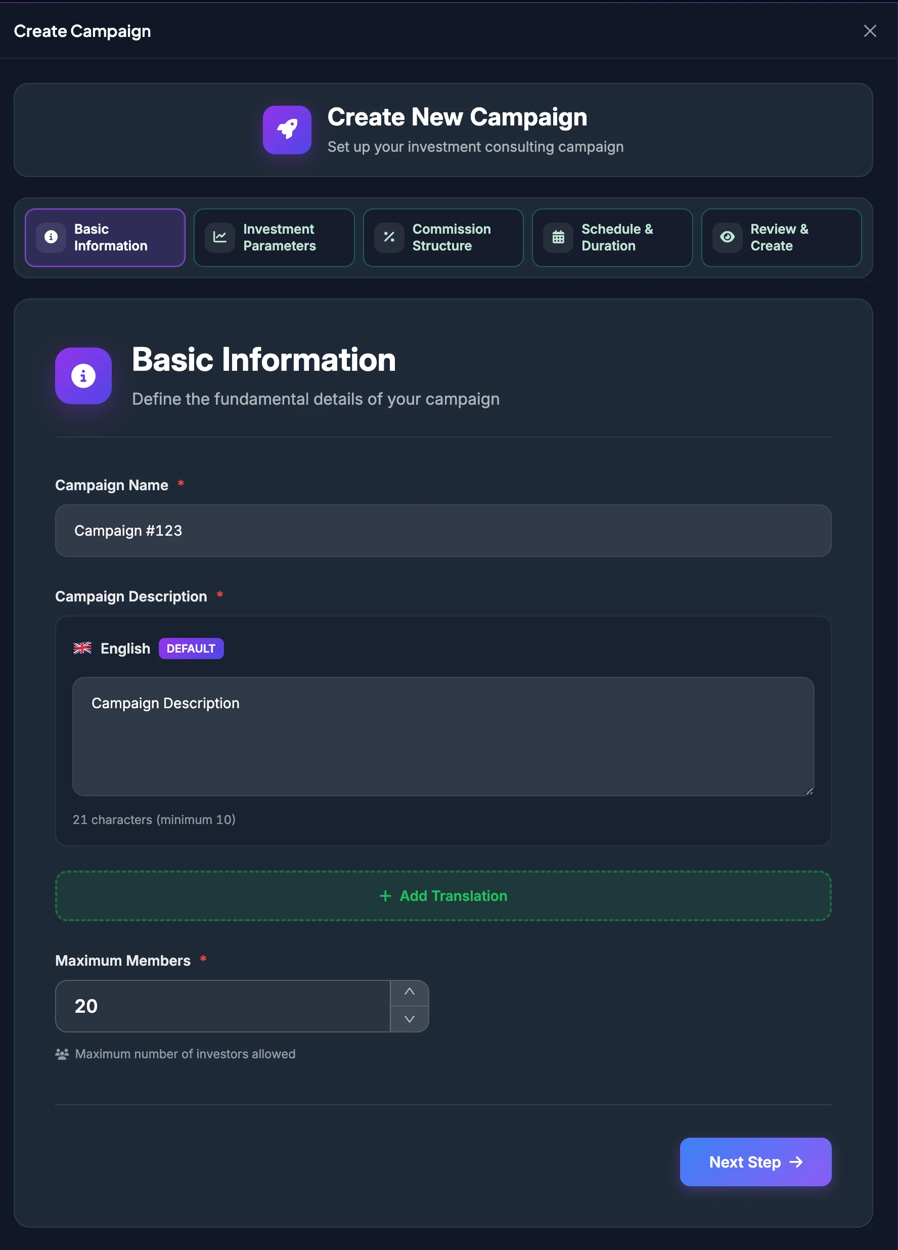Create Campaign wizard step 1 showing Basic Information fields