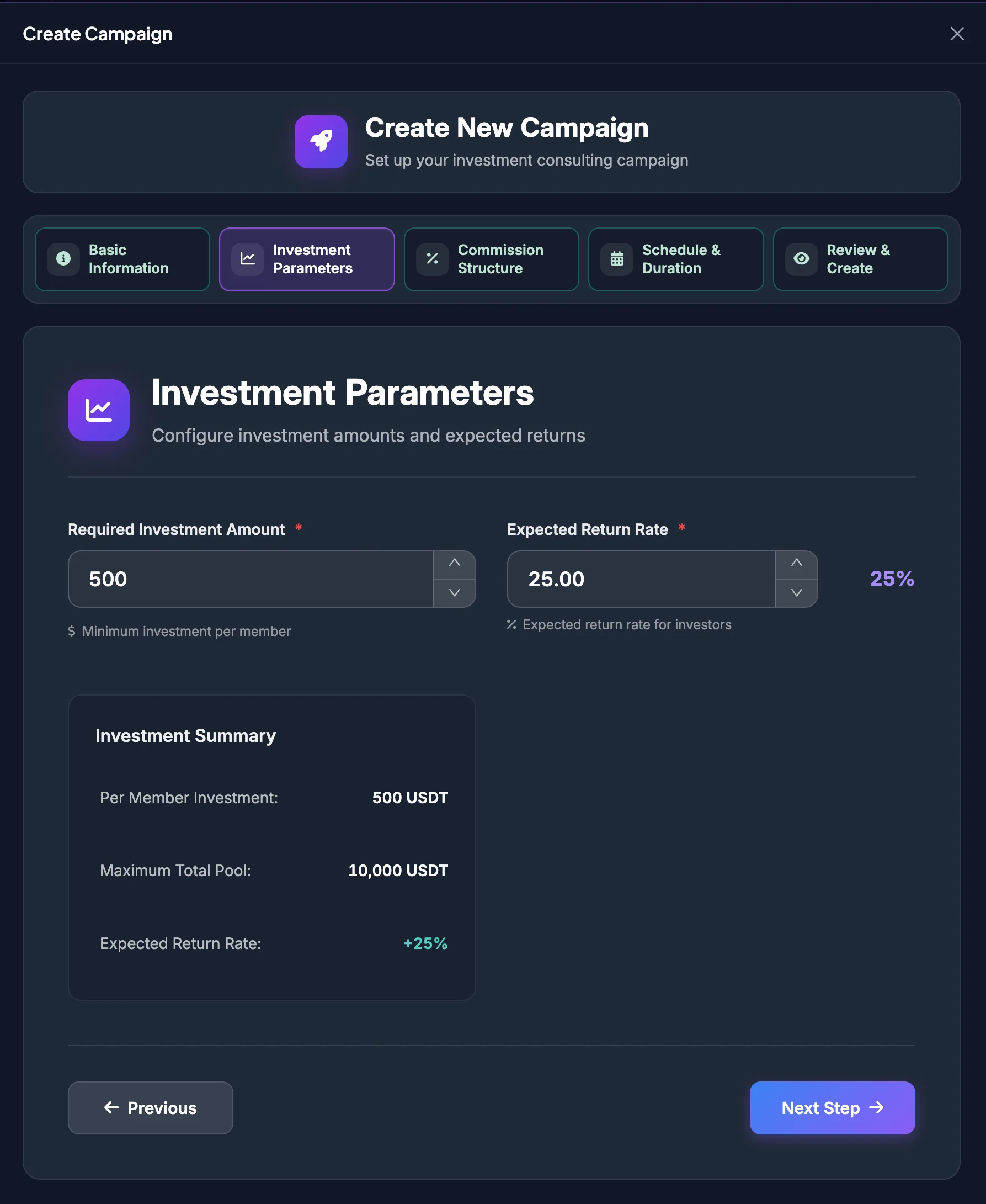 Create Campaign wizard step 2 showing investment parameters and investment summary