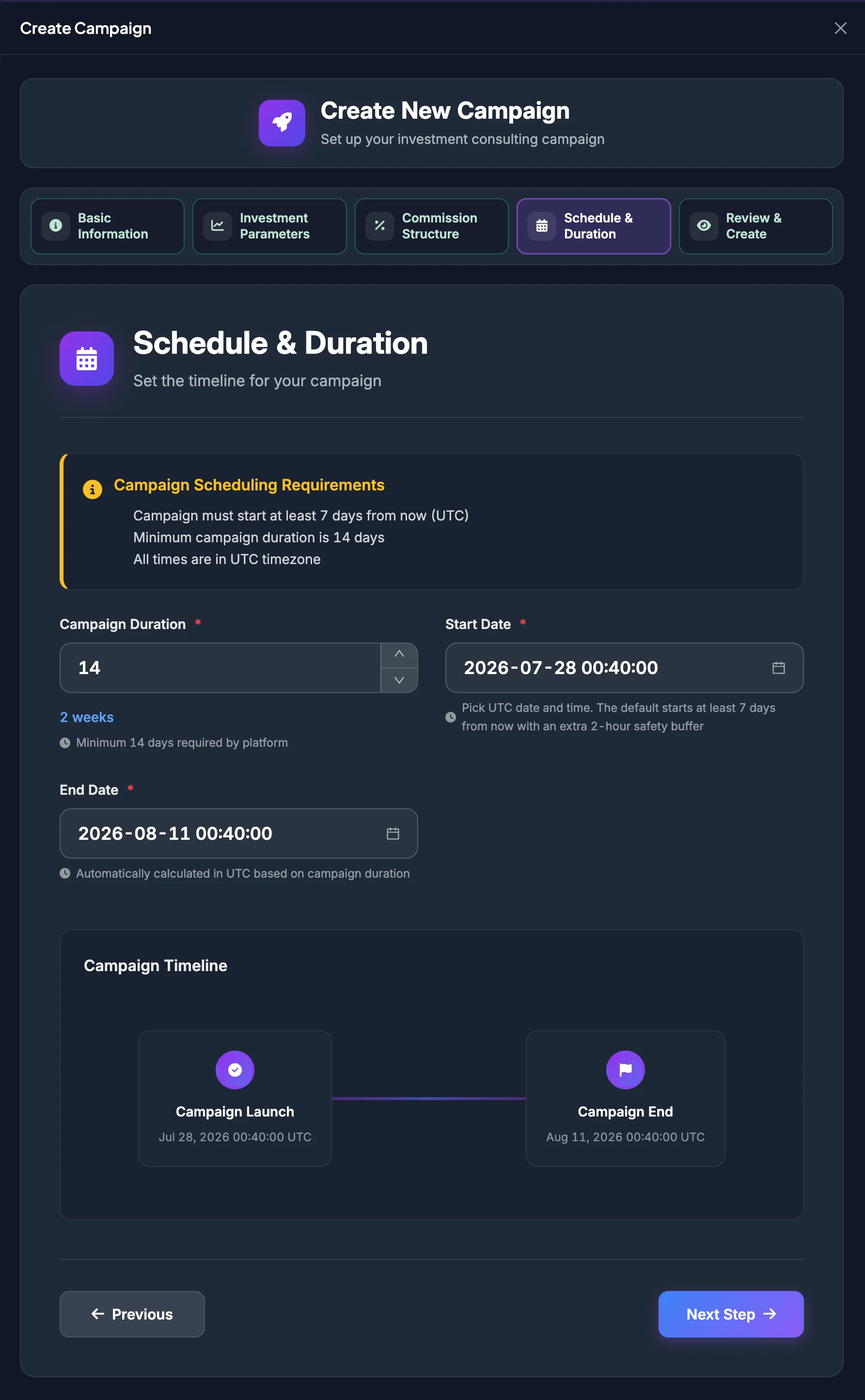 Create Campaign wizard step 4 showing schedule and duration settings