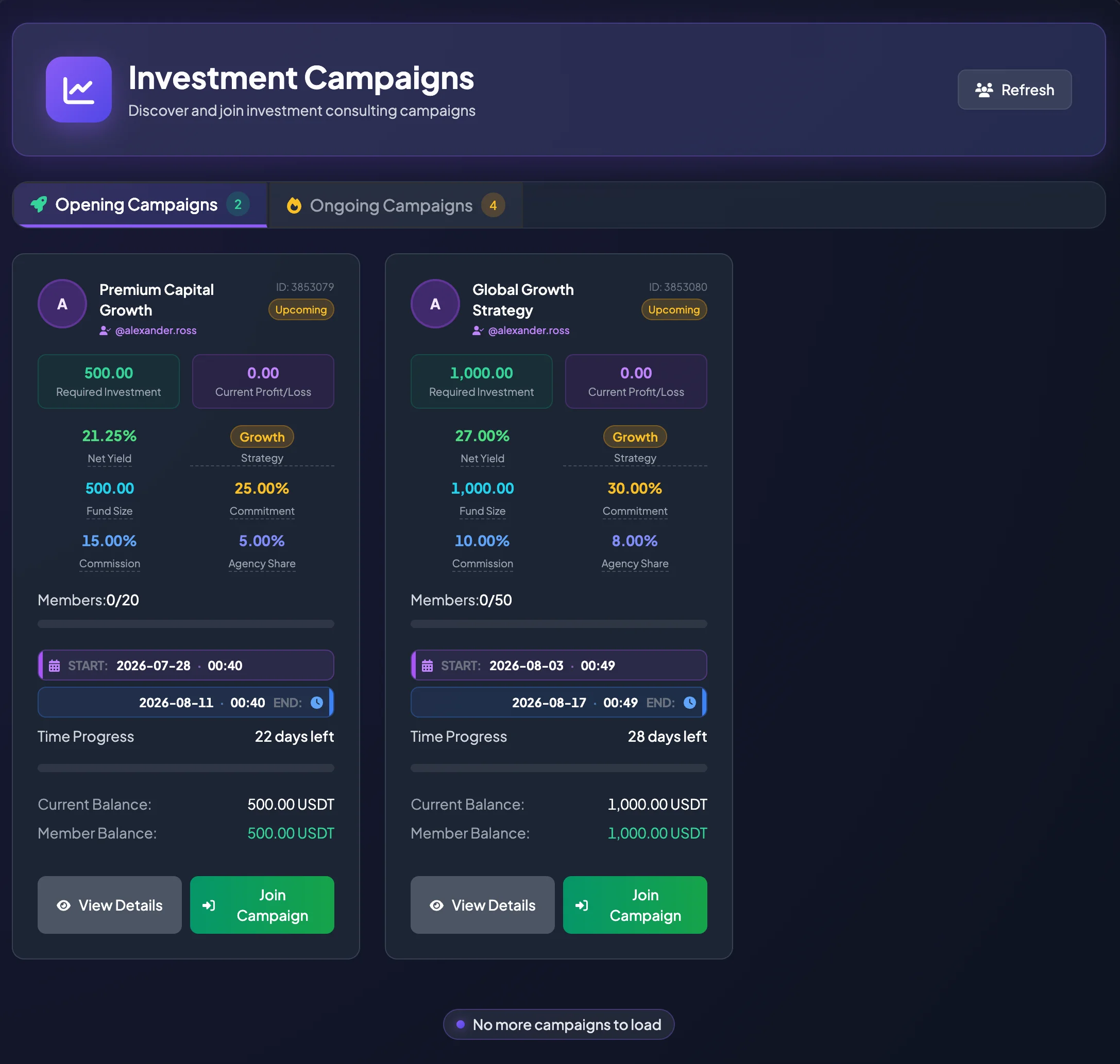 Investment Campaigns screen with status tabs and campaign cards