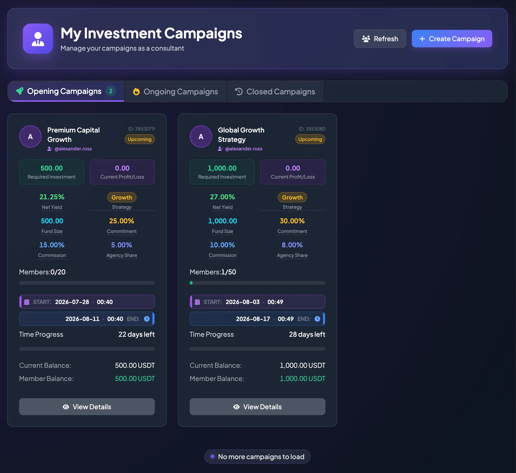 Consultant My Investment Campaigns page with Opening, Ongoing, and Closed Campaigns tabs and a Create Campaign button