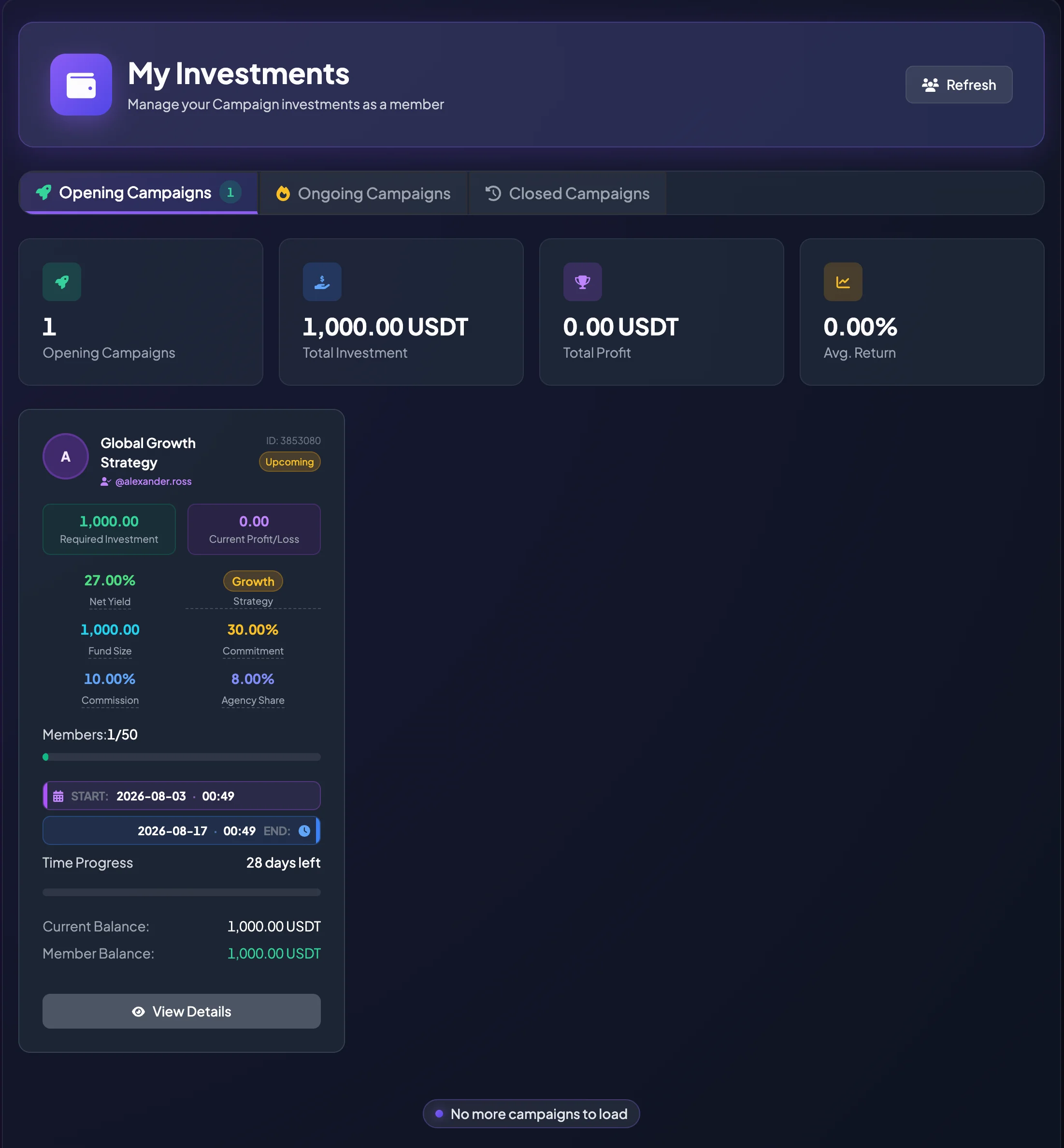My Investment Campaigns screen with status tabs and campaign cards