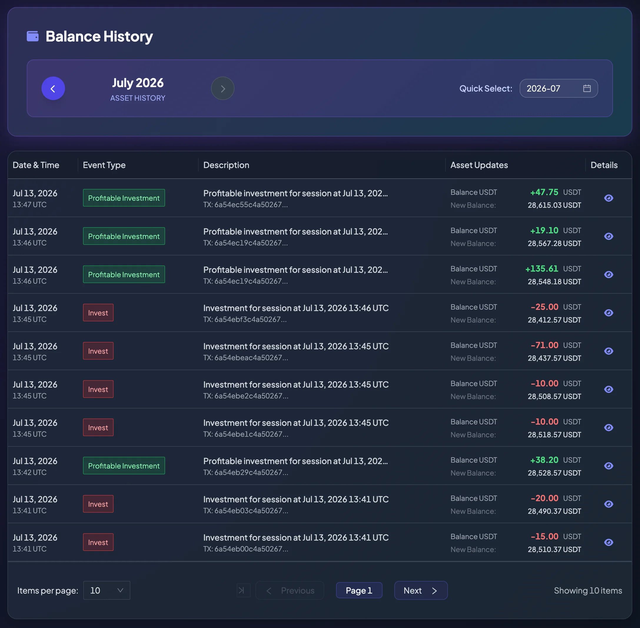 Balance History screen