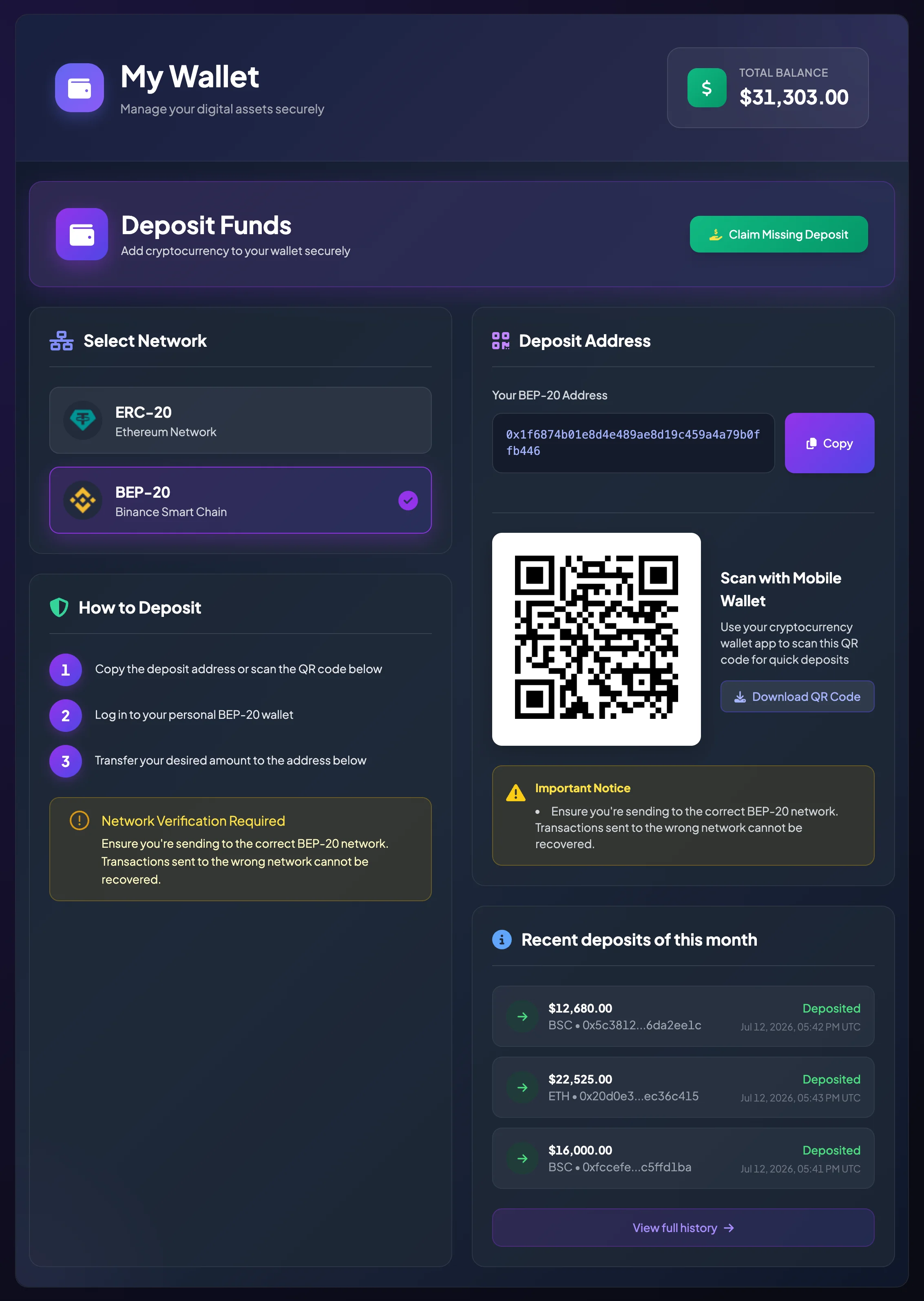 USDT deposit screen