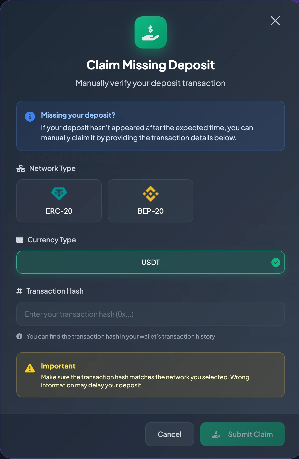 Claim Missing Deposit screen