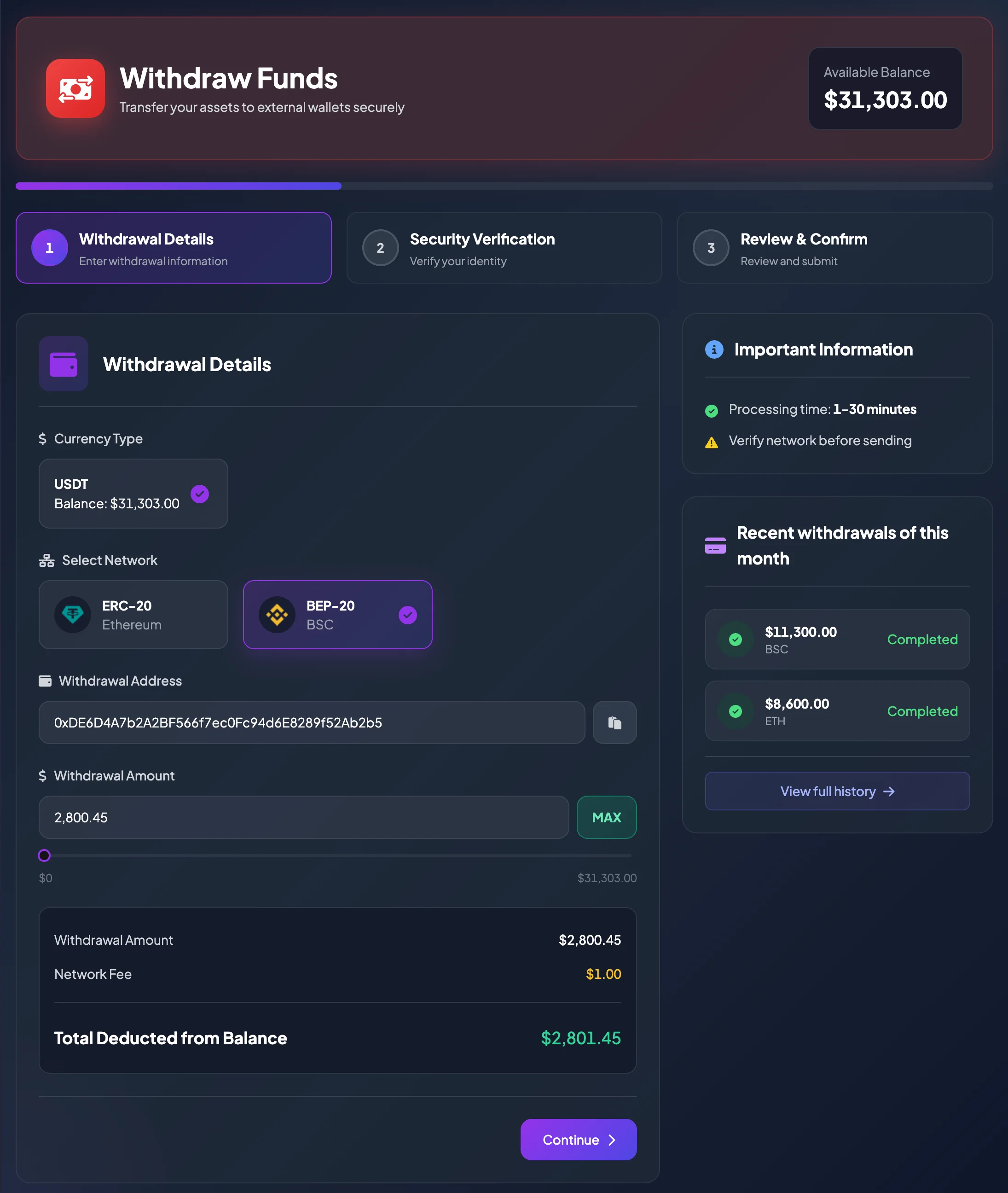 USDT withdrawal screen