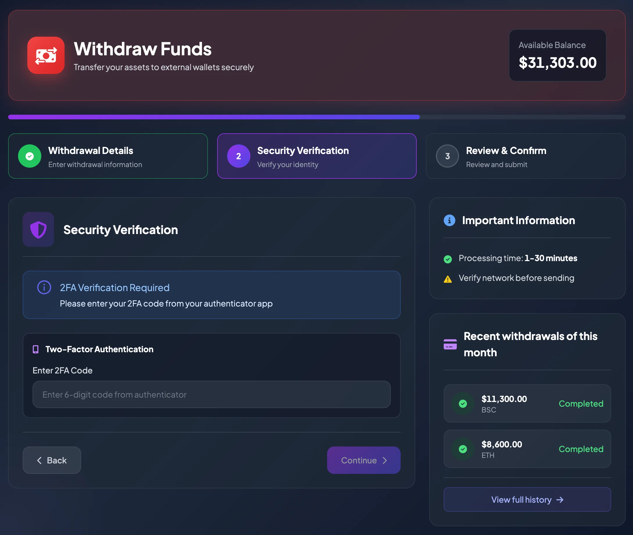 Withdrawal Security Verification with email Verification Code or 2FA