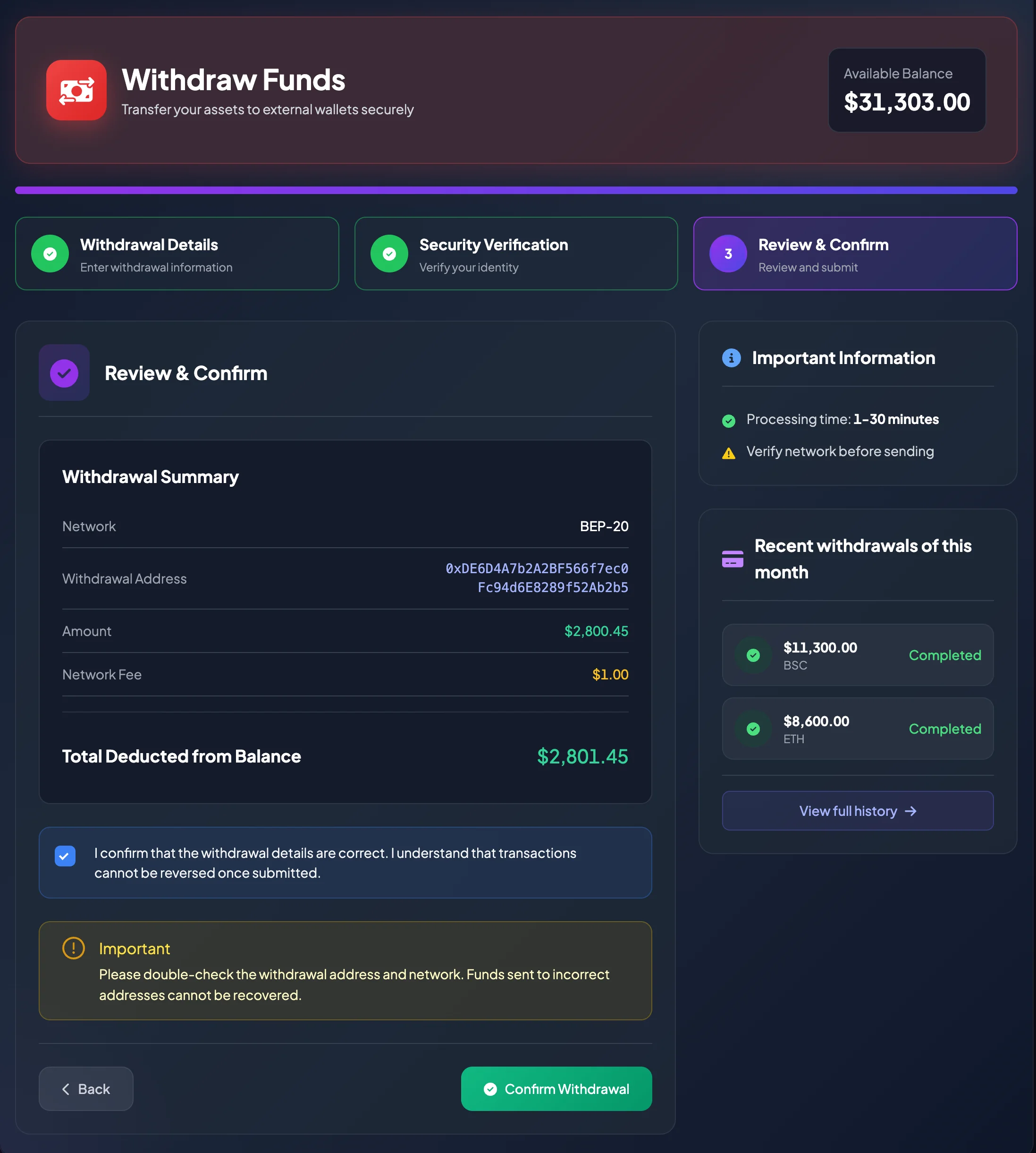 Review Withdrawal Details before confirmation