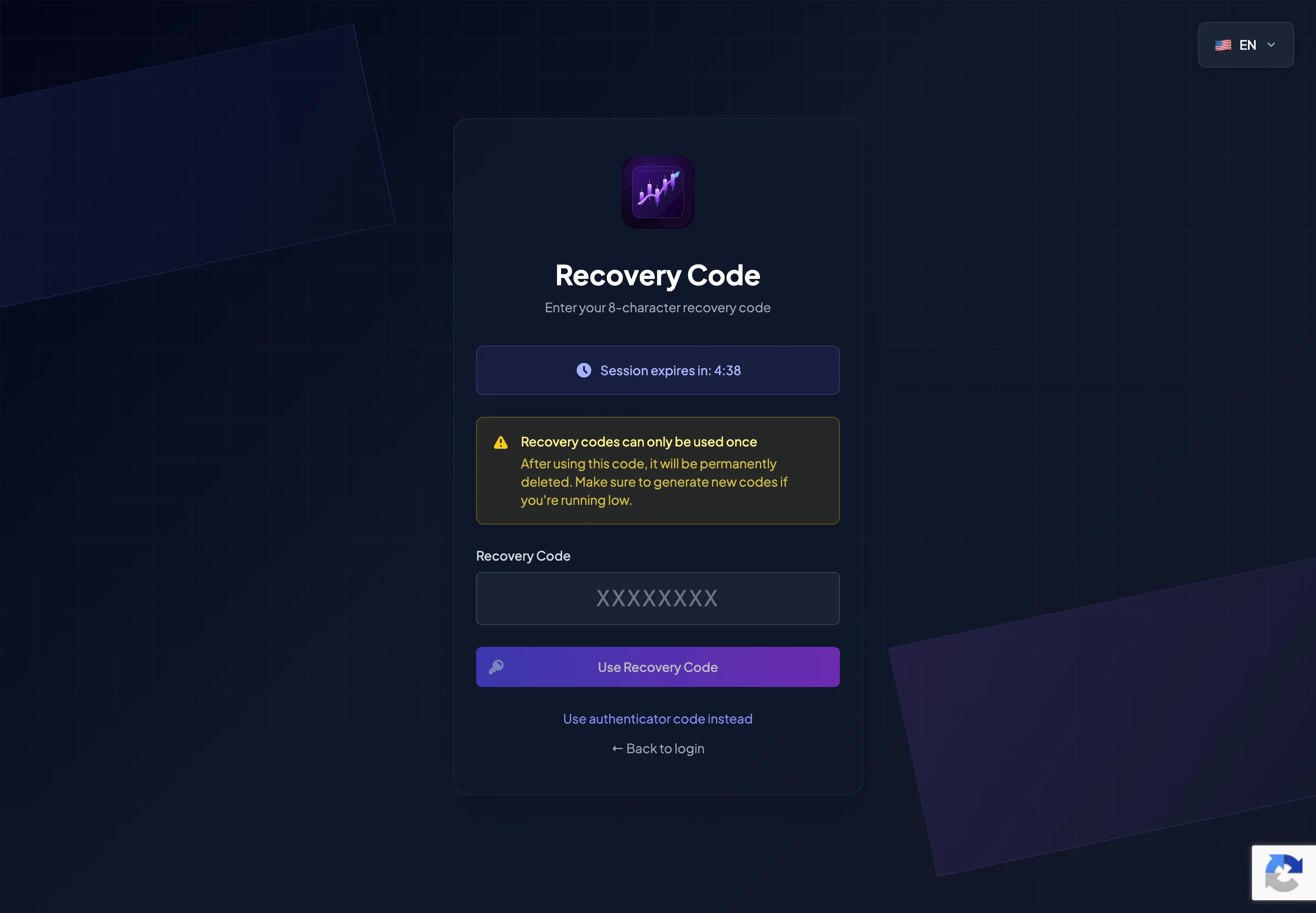 BrokerIG Recovery Code sign-in screen