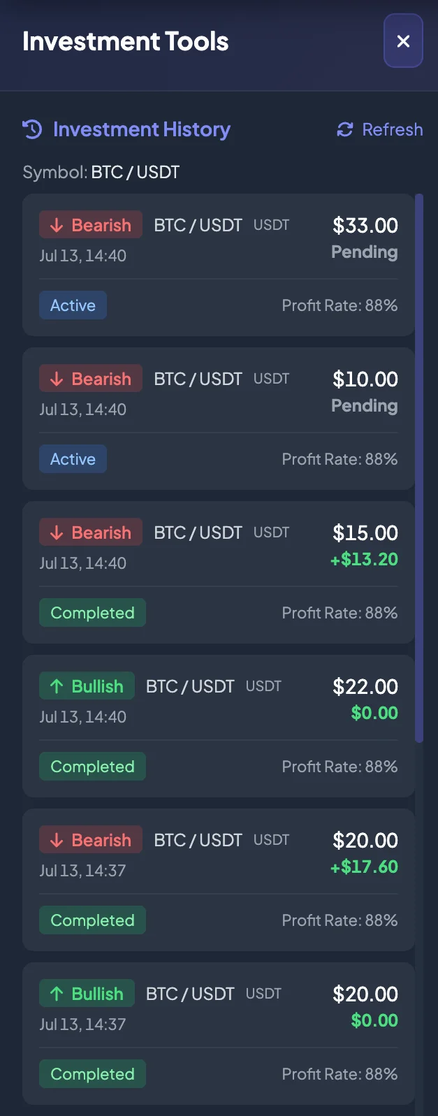 Trade History popup showing recent investments