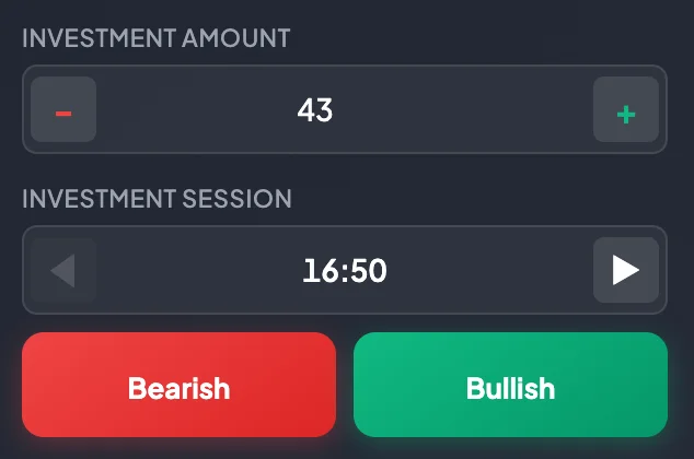 Investment panel showing Investment Amount, quick amounts, Investment Session, Profit Rate, and Bullish and Bearish buttons