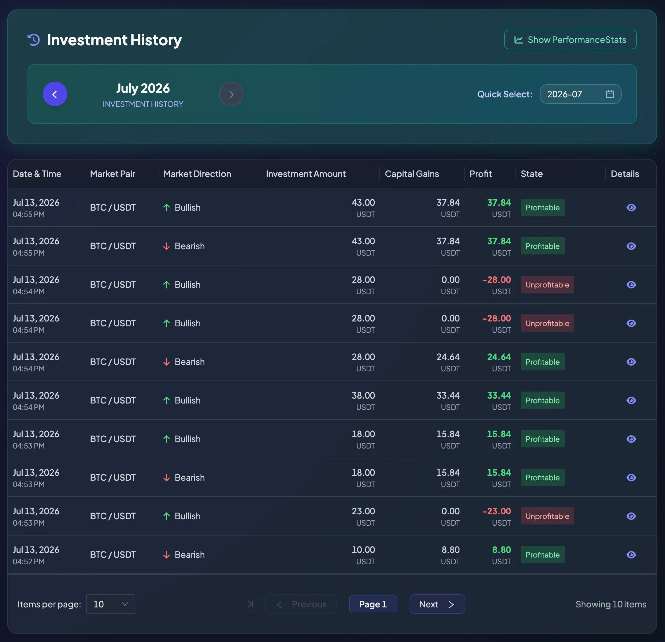Direct Investment History screen