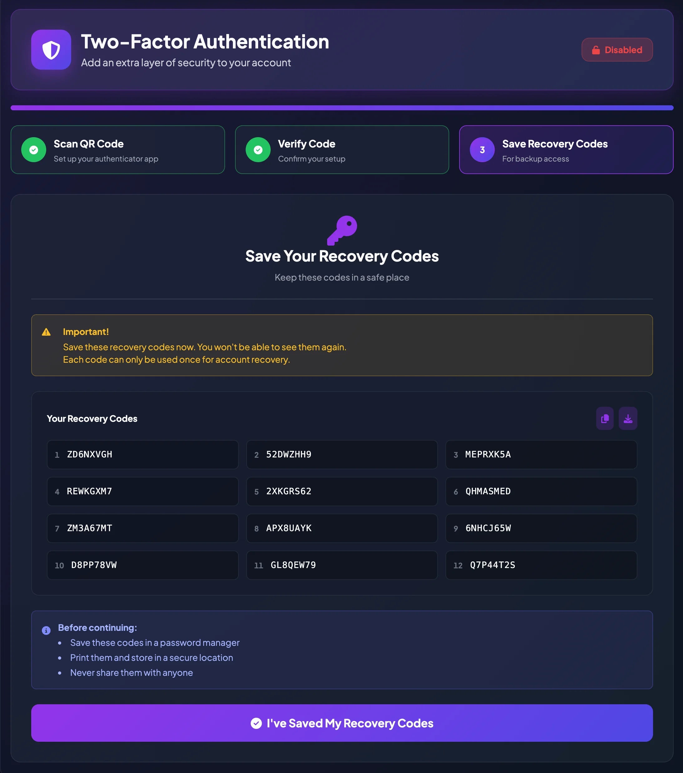 BrokerIG Recovery Codes screen