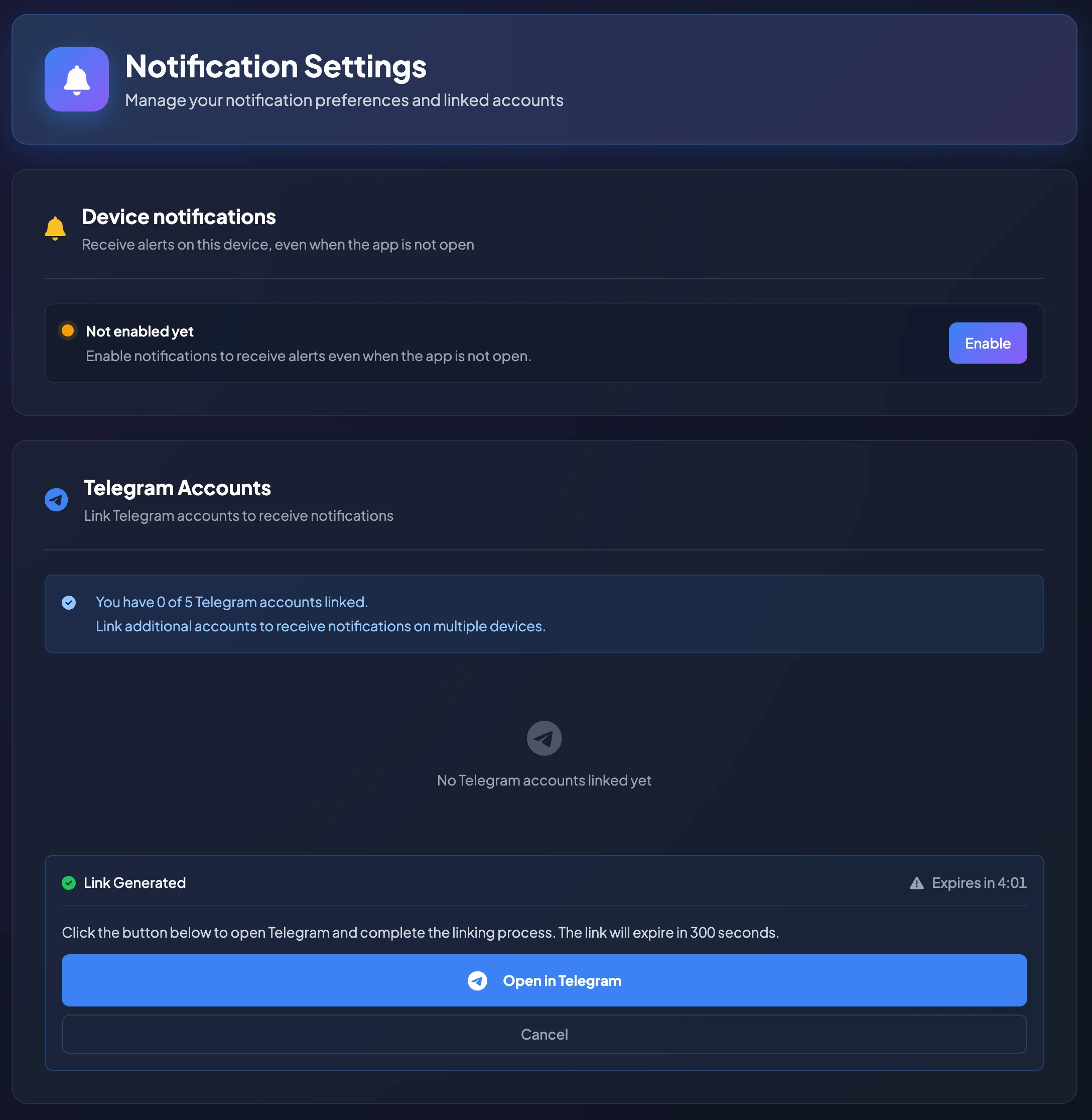 Telegram account linking screen